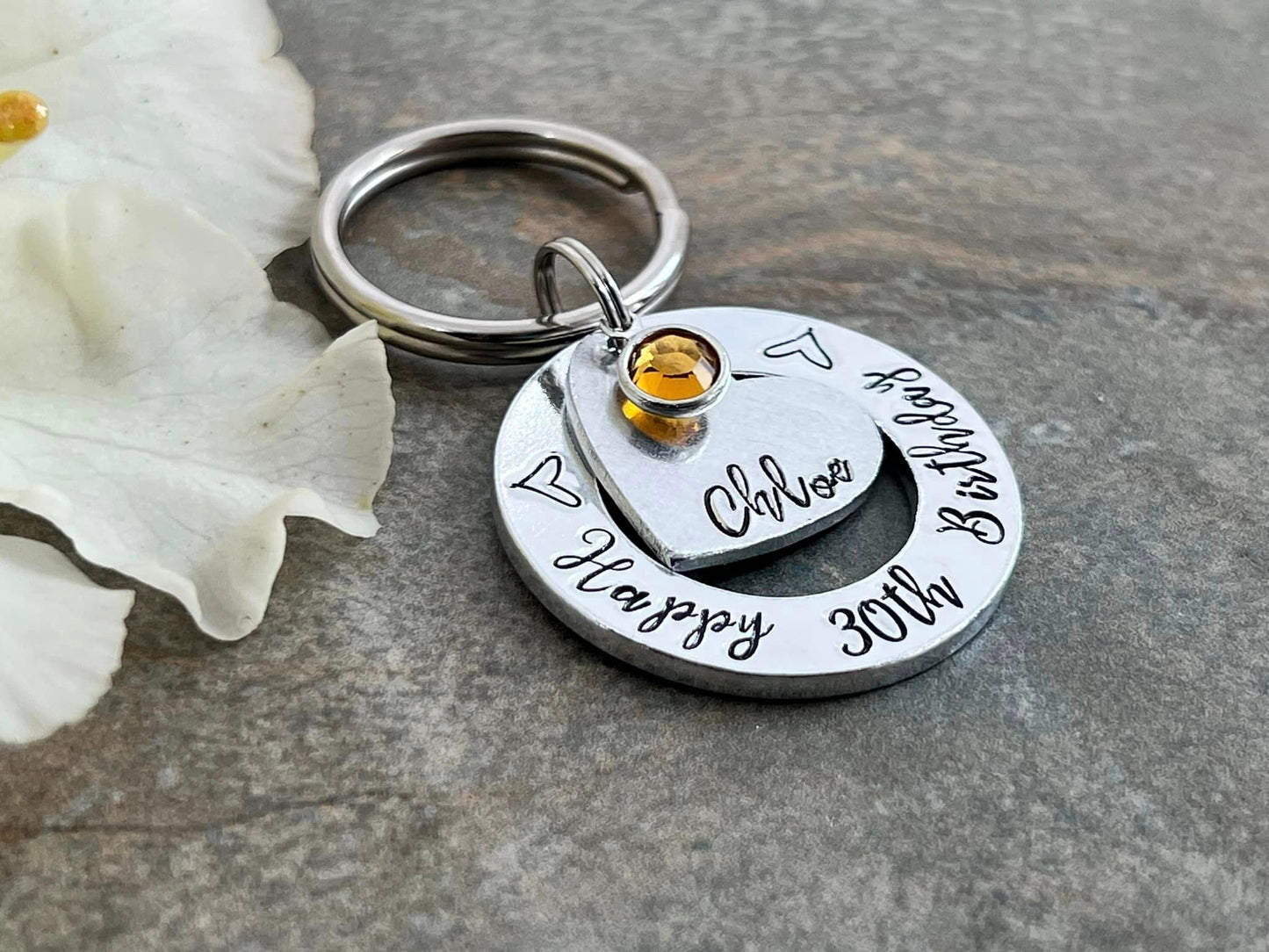 Womens 30th 40th 50th Birthday Gift, 30th Personalised Birthday Keyring with Birthstone