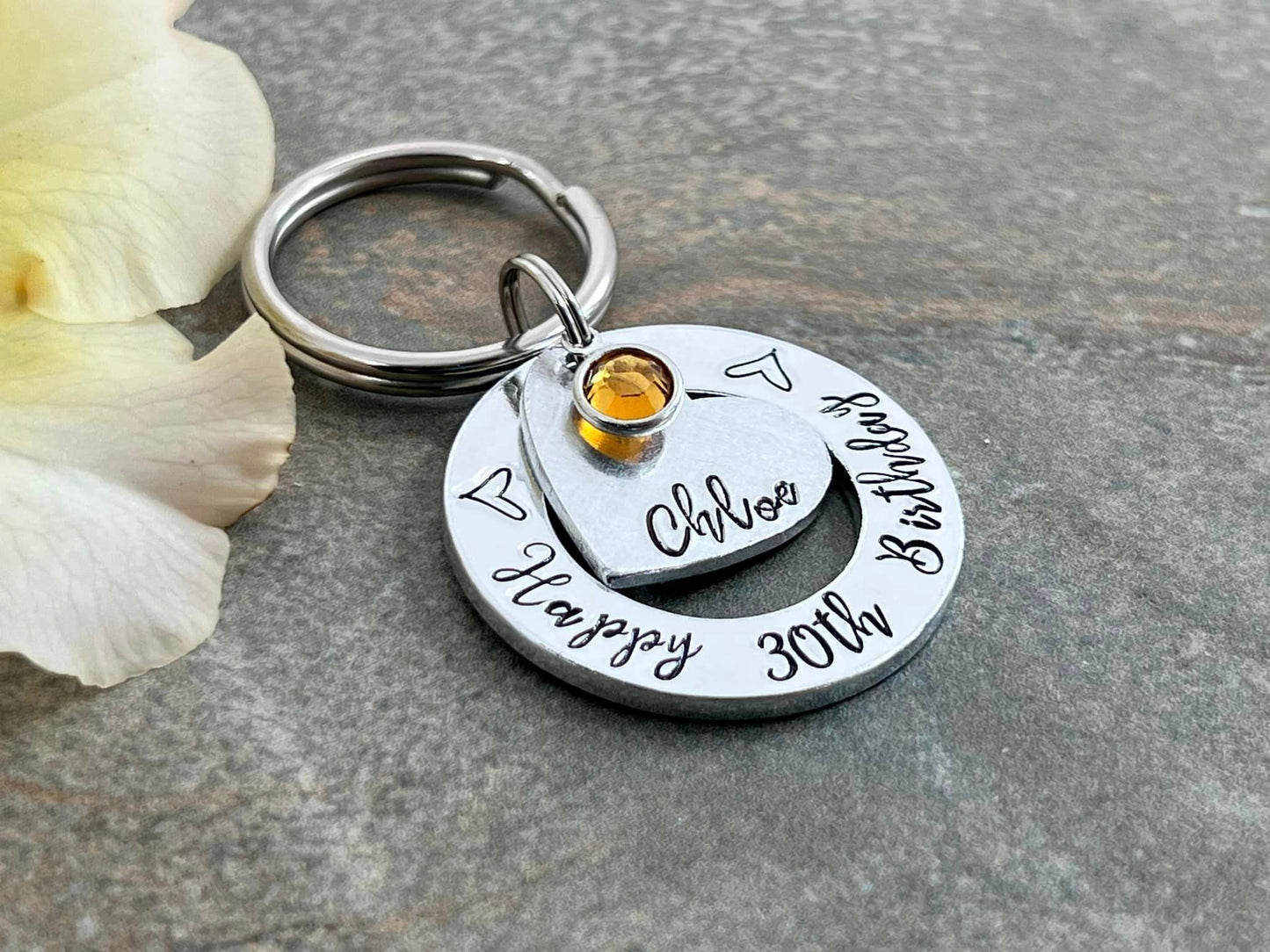 Womens 30th 40th 50th Birthday Gift, 30th Personalised Birthday Keyring with Birthstone