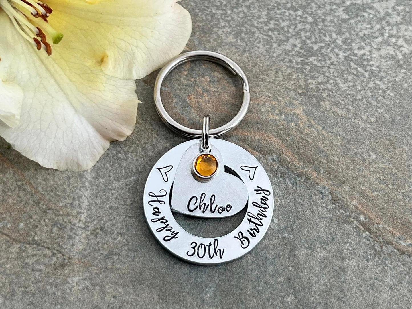 Womens 30th 40th 50th Birthday Gift, 30th Personalised Birthday Keyring with Birthstone