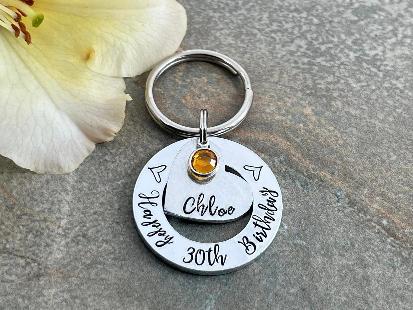 Womens 30th 40th 50th Birthday Gift, 30th Personalised Birthday Keyring with Birthstone
