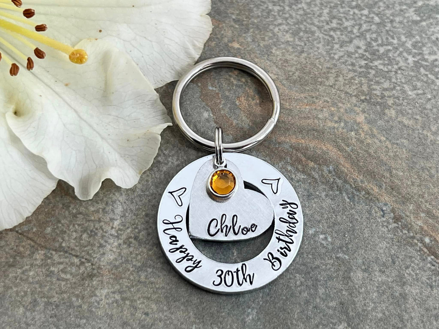 Womens 30th 40th 50th Birthday Gift, 30th Personalised Birthday Keyring with Birthstone