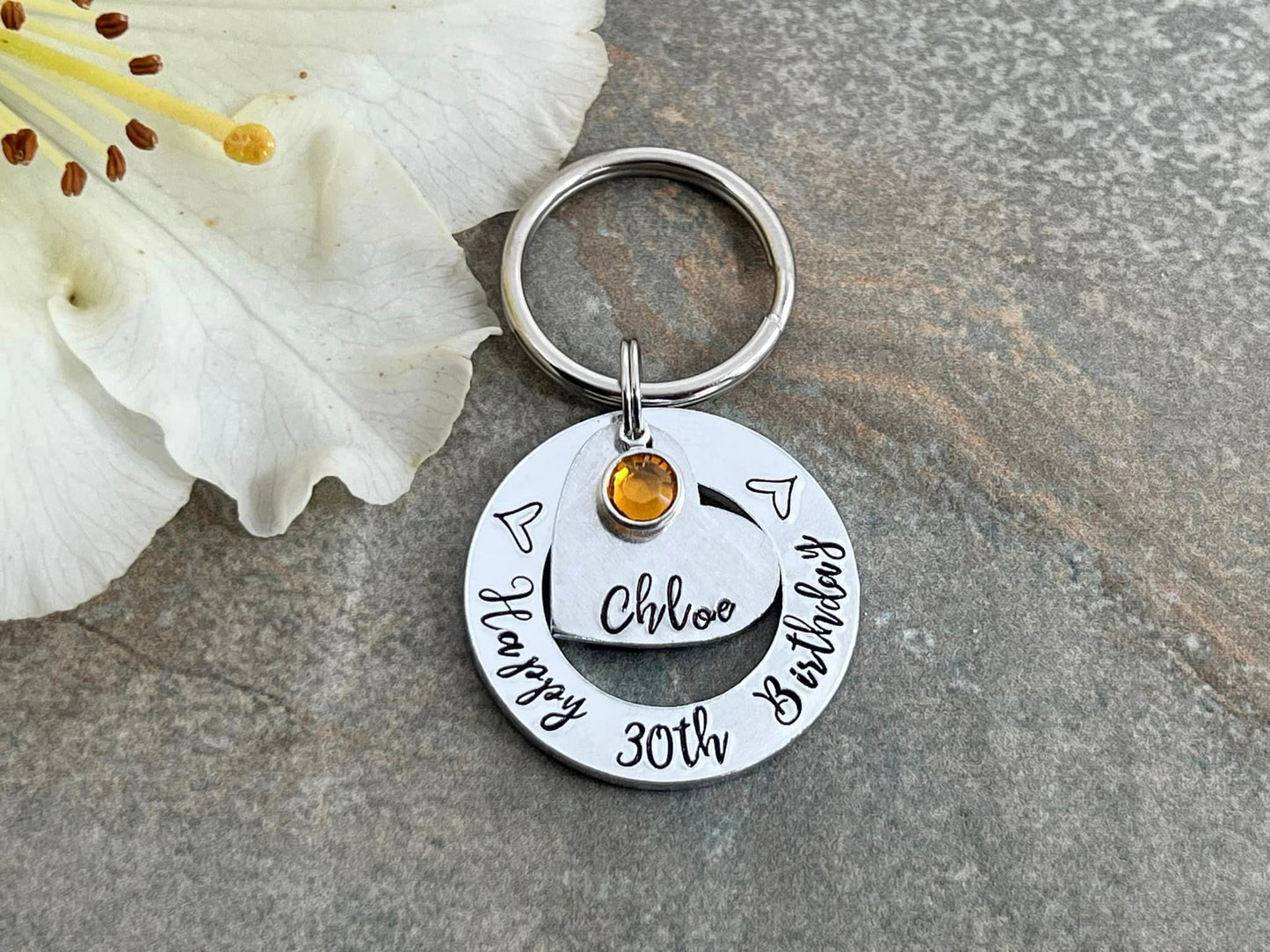 Womens 30th 40th 50th Birthday Gift, 30th Personalised Birthday Keyring with Birthstone