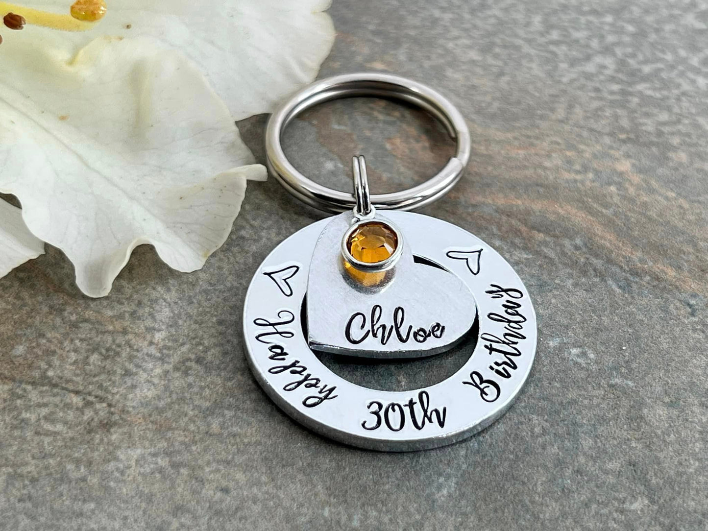 Womens 30th 40th 50th Birthday Gift, 30th Personalised Birthday Keyring with Birthstone