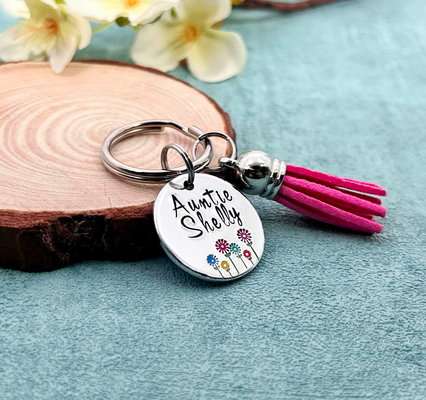 Personalised Auntie Keyring, Name Keyring with Tassel