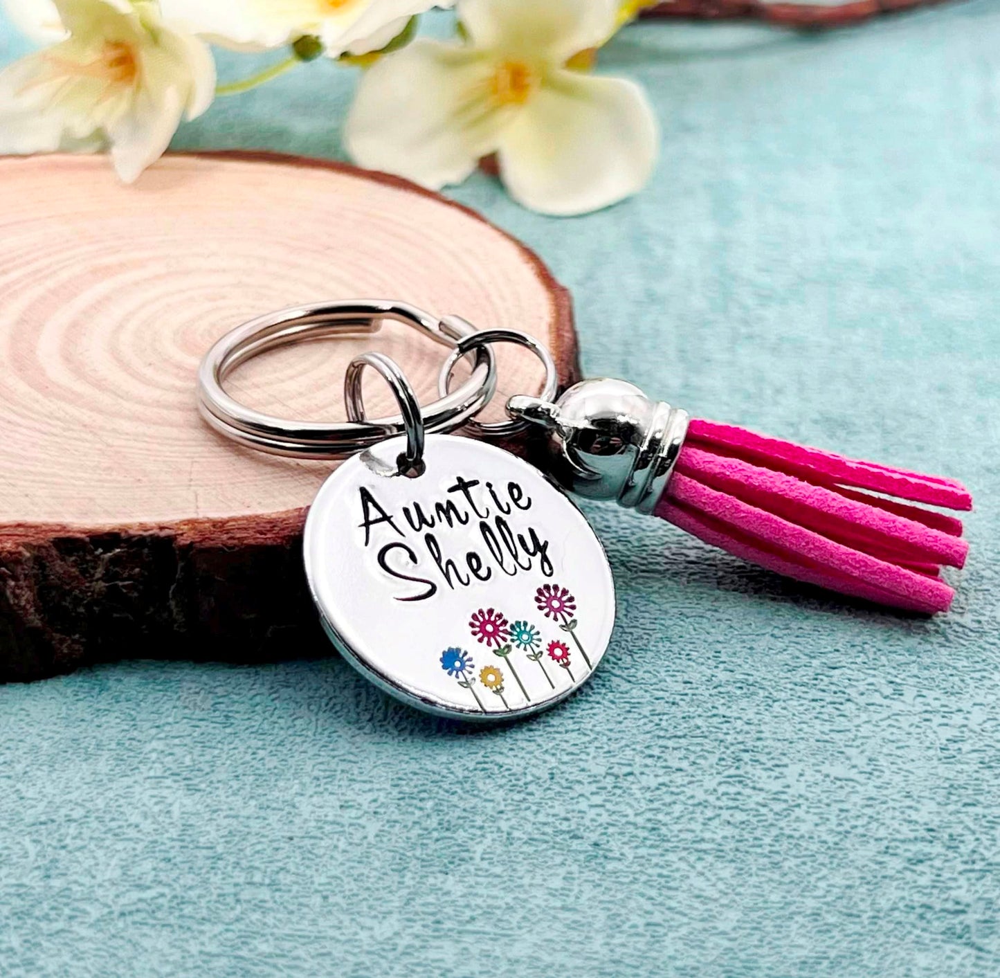 Personalised Auntie Keyring, Name Keyring with Tassel