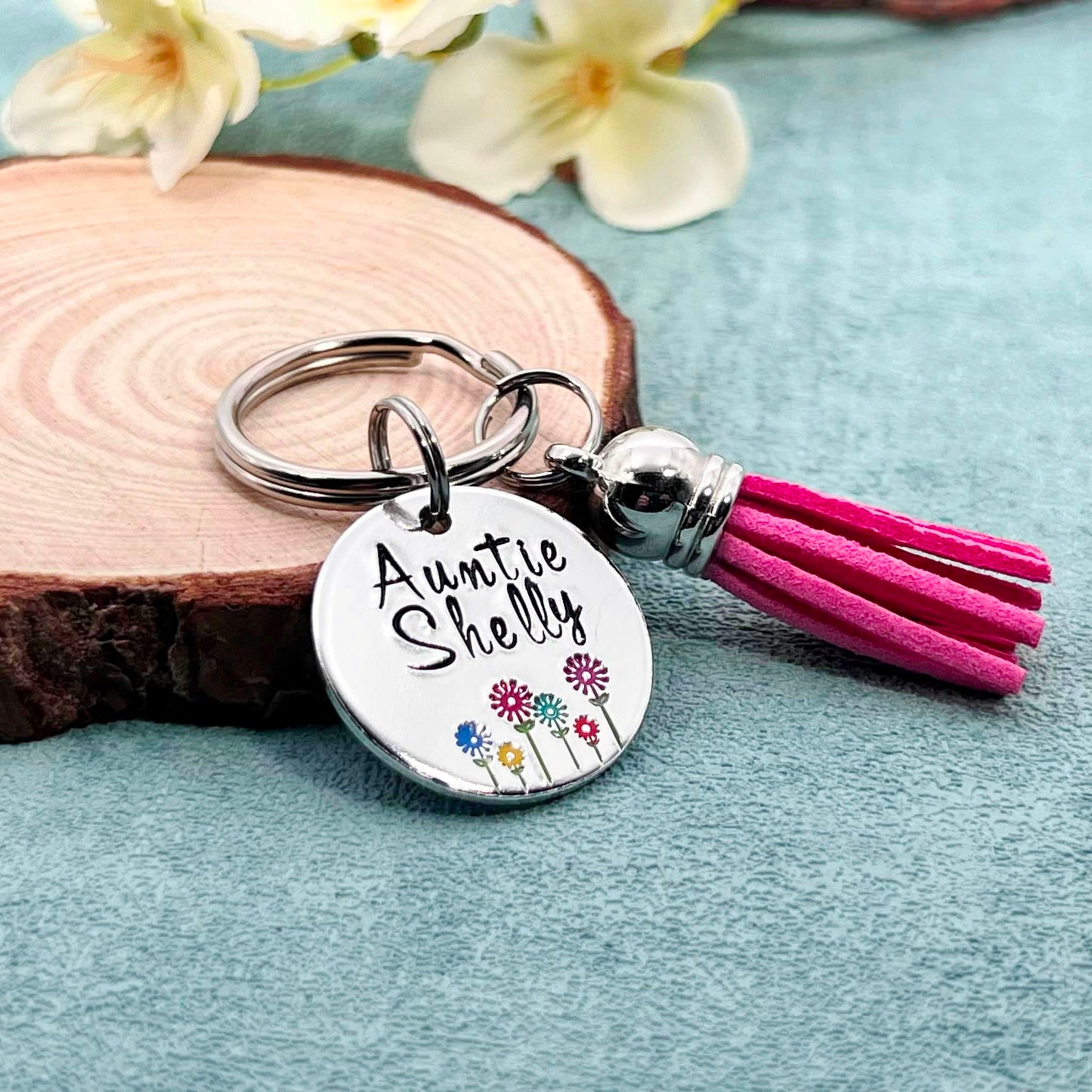 Personalised Auntie Keyring, Name Keyring with Tassel