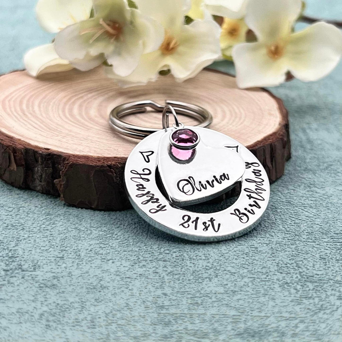 Girls 21st Birthday Gift, Twenty First Birthday Gift, Personalised Keyring with Birthstone