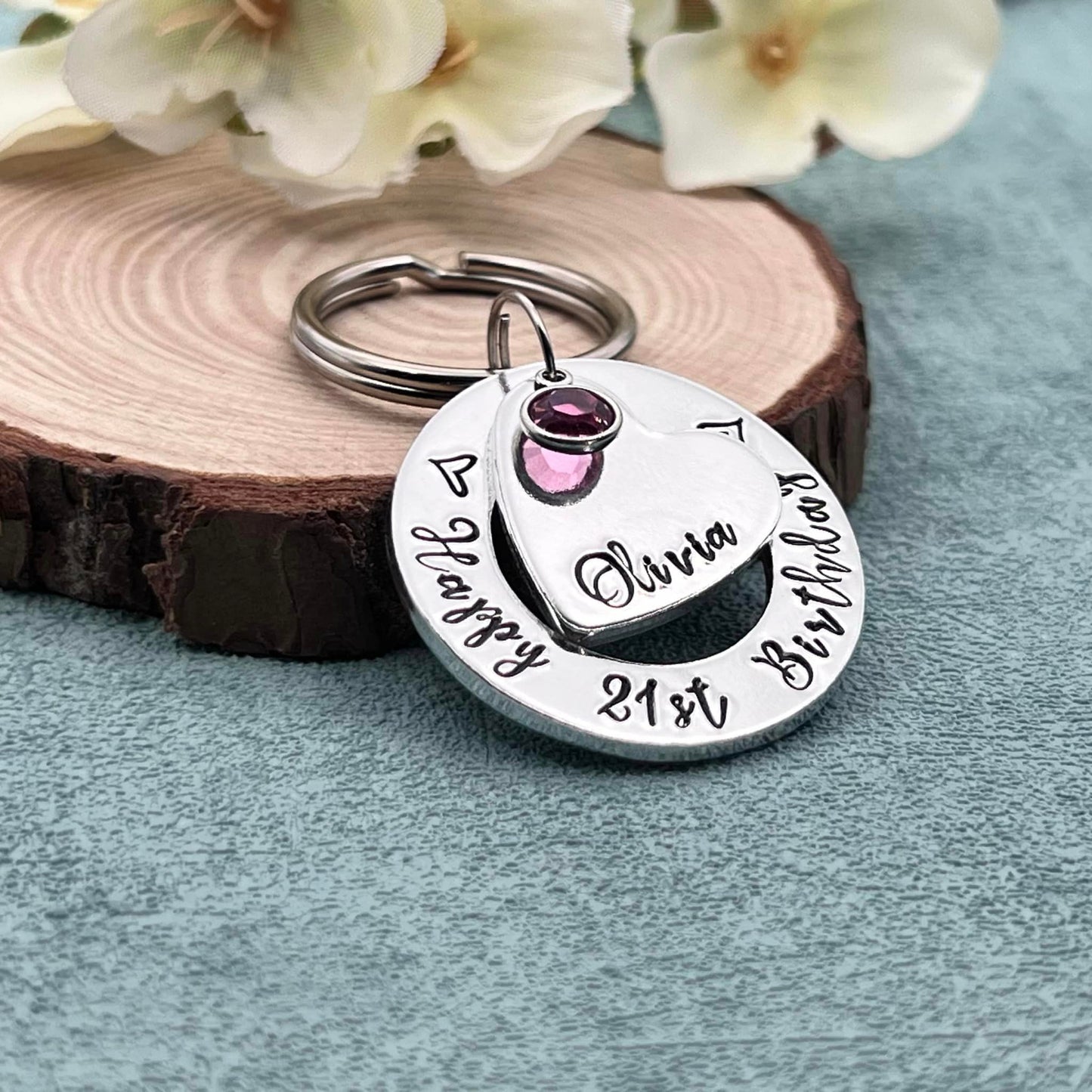 Girls 21st Birthday Gift, Twenty First Birthday Gift, Personalised Keyring with Birthstone