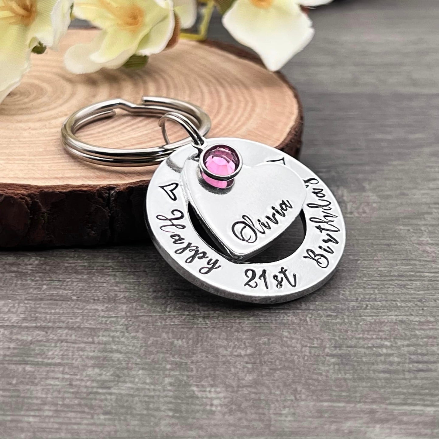 Girls 21st Birthday Gift, Twenty First Birthday Gift, Personalised Keyring with Birthstone