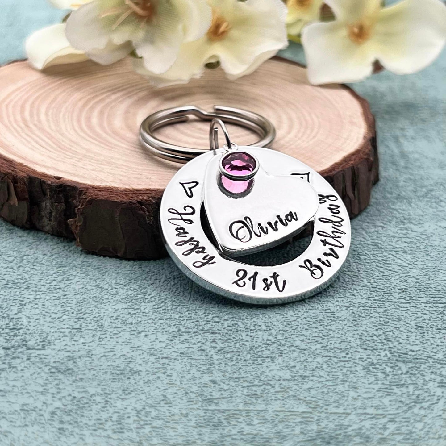 Girls 21st Birthday Gift, Twenty First Birthday Gift, Personalised Keyring with Birthstone