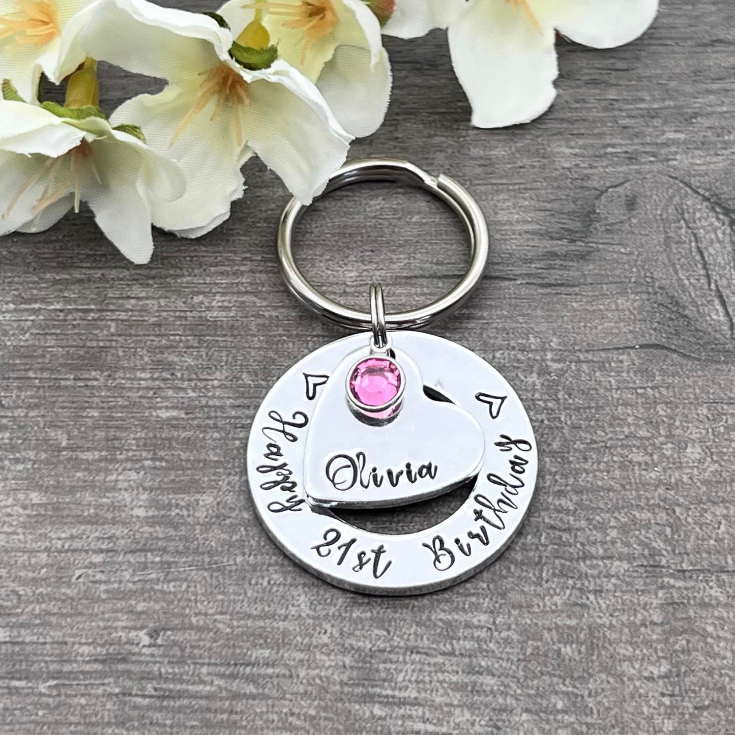 Girls 21st Birthday Gift, Twenty First Birthday Gift, Personalised Keyring with Birthstone