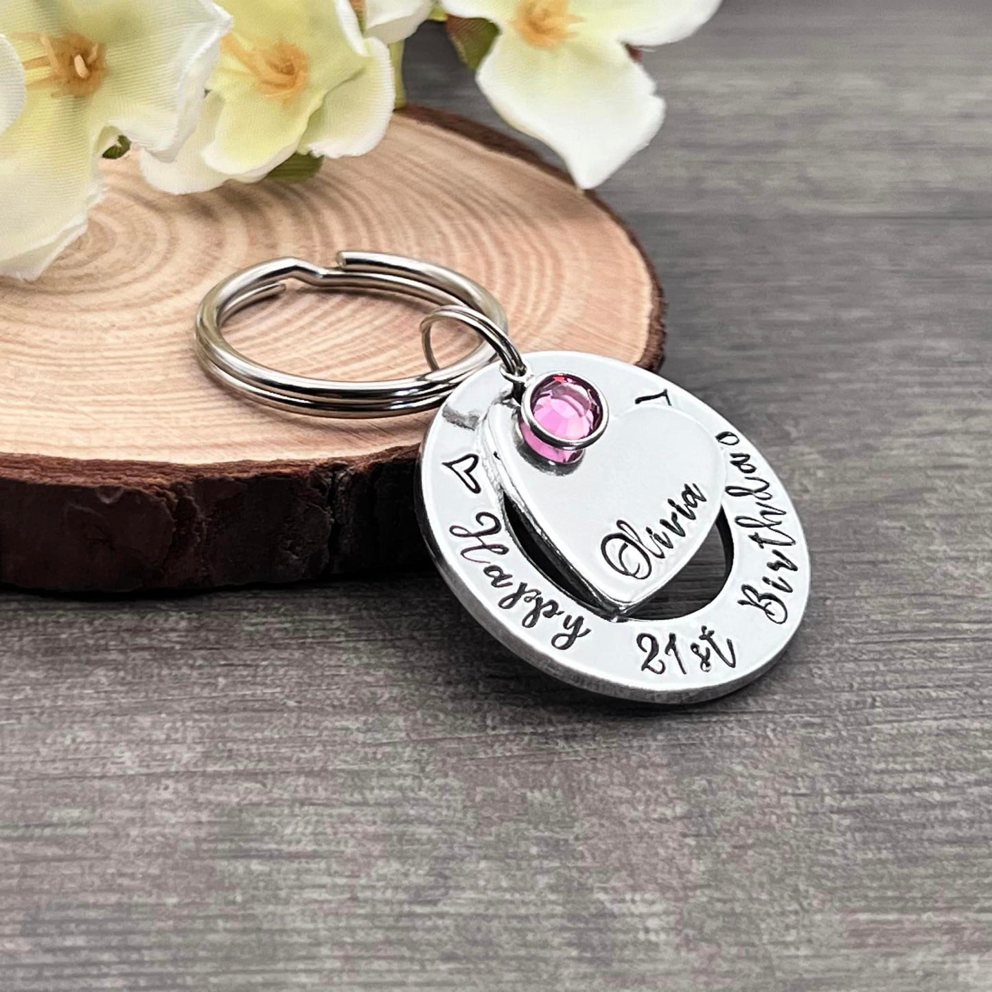 Girls 21st Birthday Gift, Twenty First Birthday Gift, Personalised Keyring with Birthstone