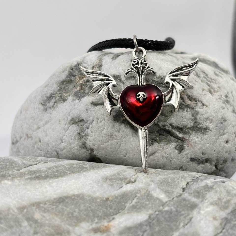 Gothic red heart and wing pendant necklace