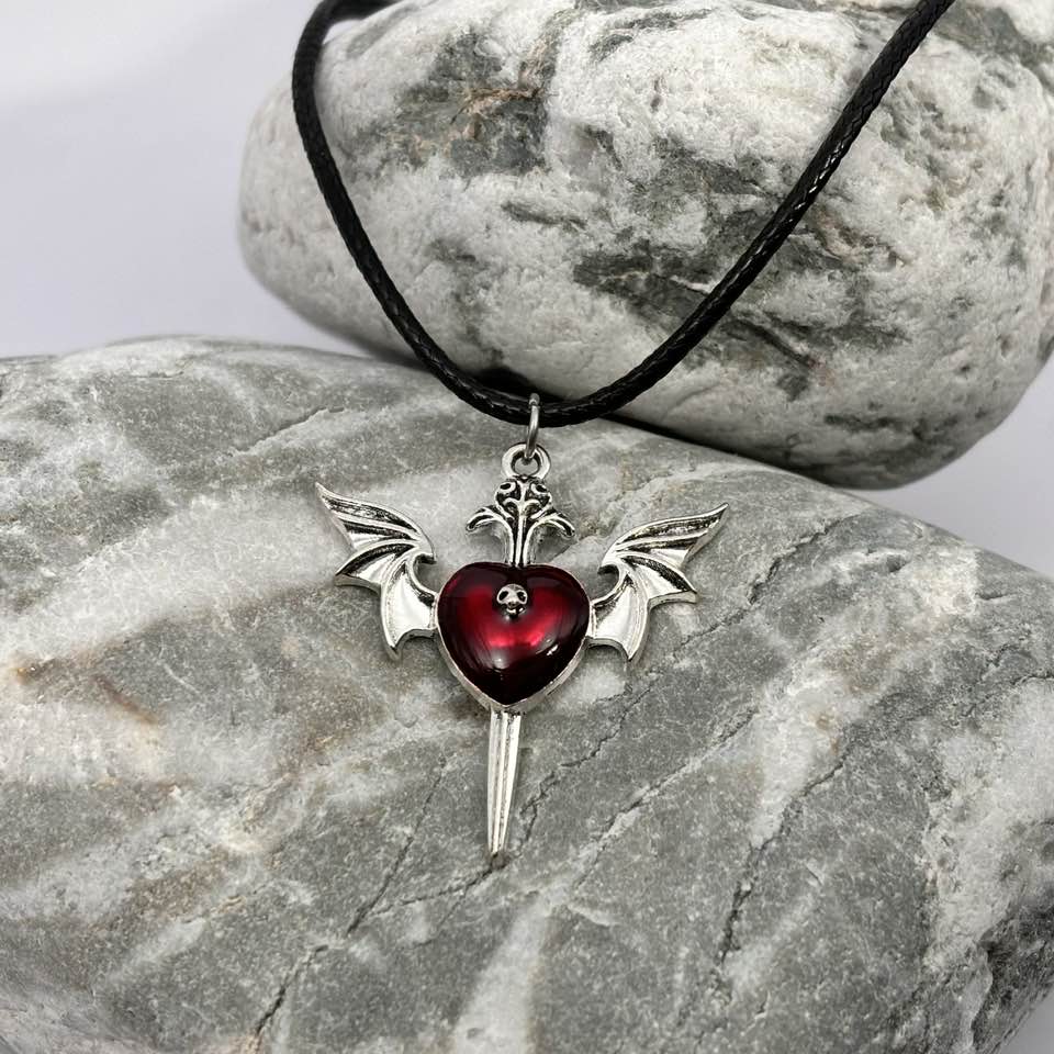 Gothic red heart and wing pendant necklace