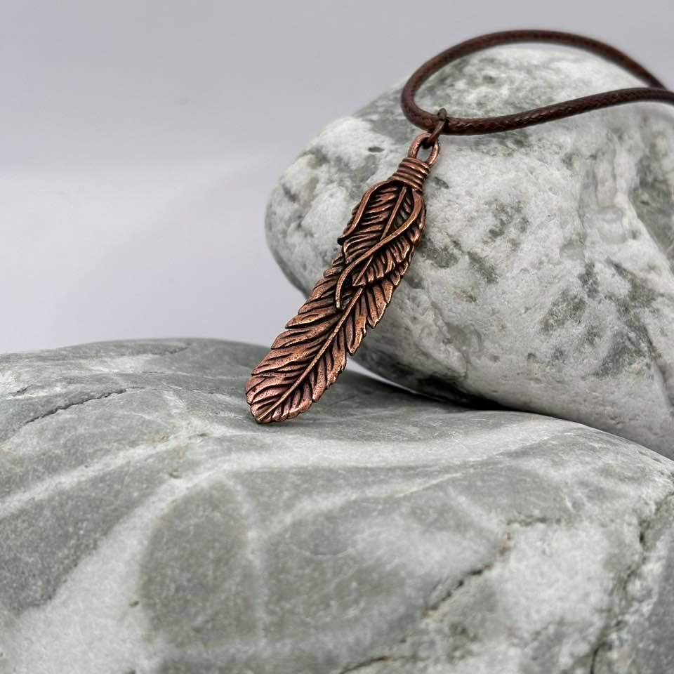 Feather antique copper pendant necklace