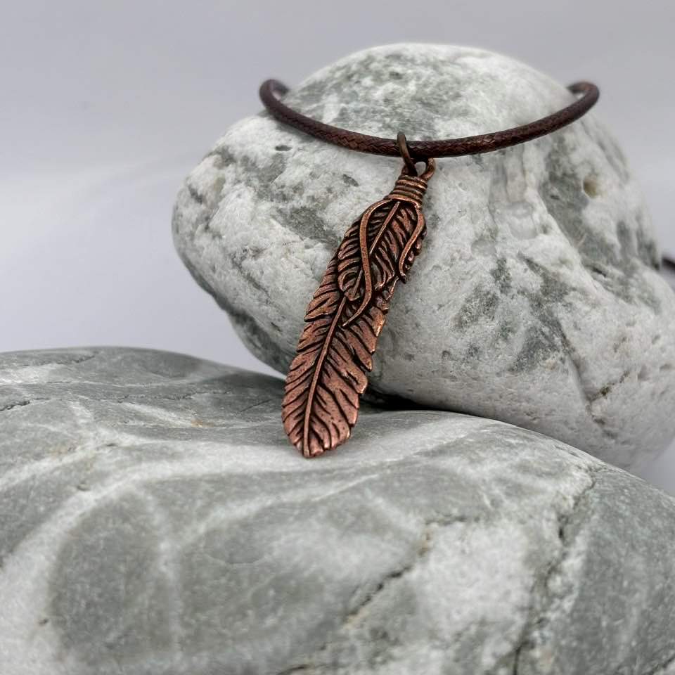 Feather antique copper pendant necklace