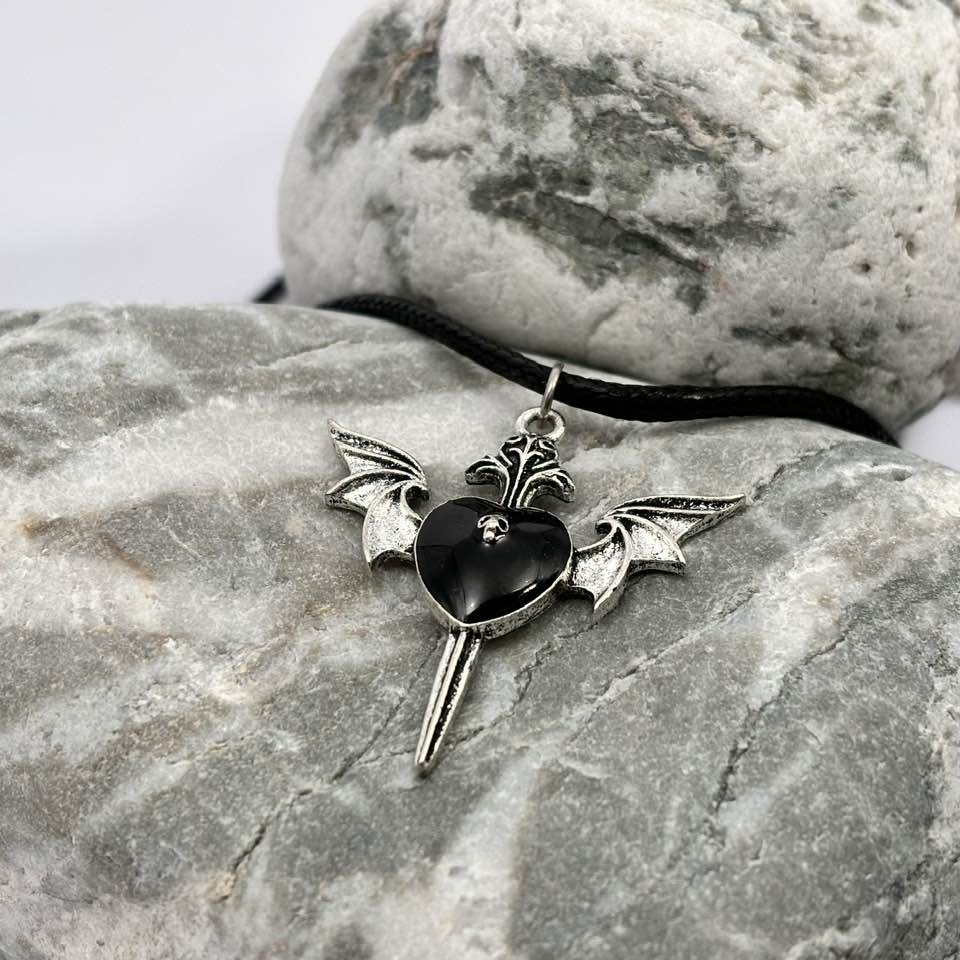 Gothic black heart and wing pendant necklace