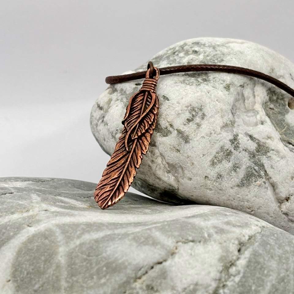 Feather antique copper pendant necklace