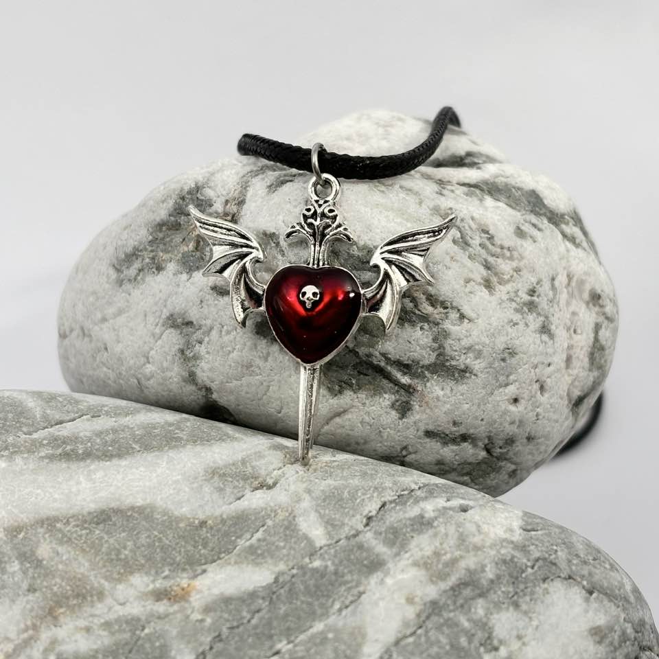 Gothic red heart and wing pendant necklace