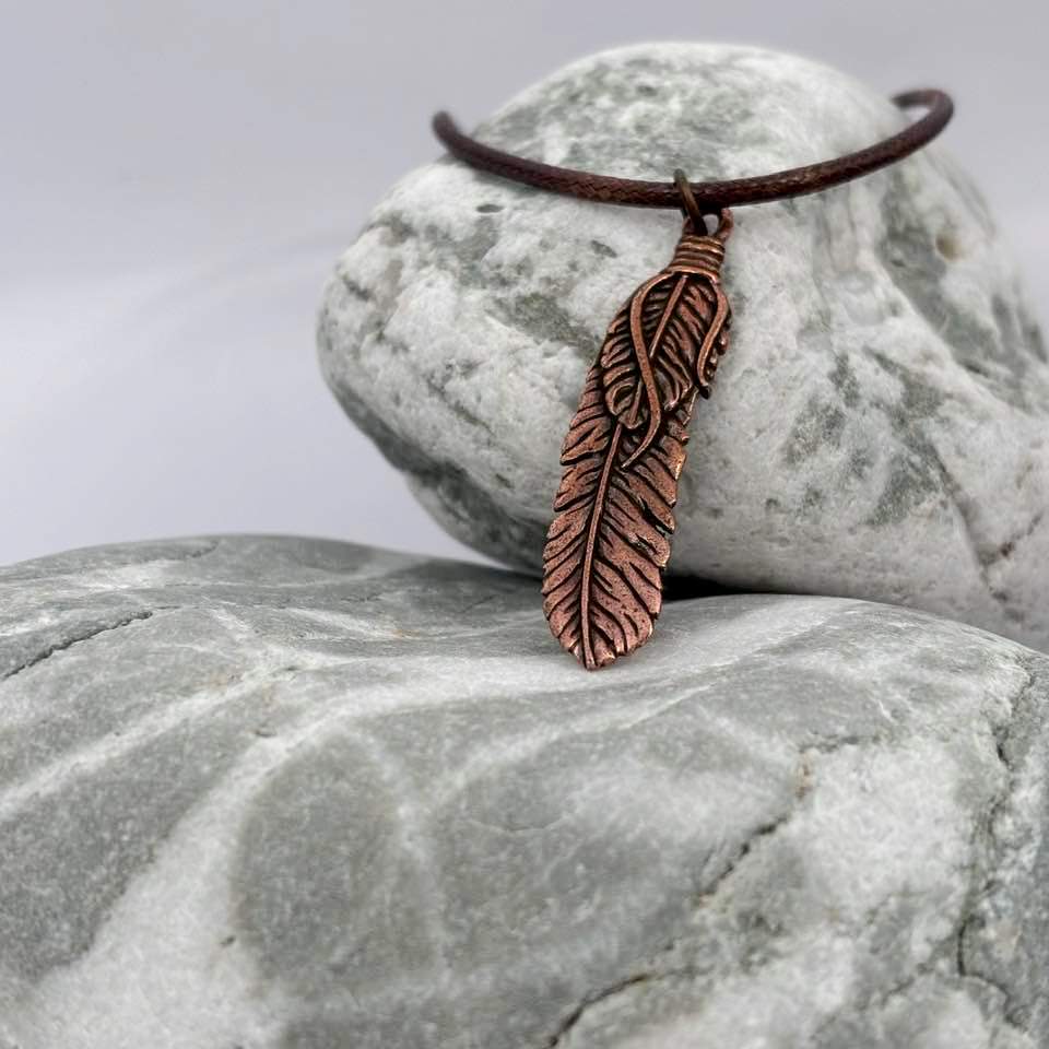 Feather antique copper pendant necklace