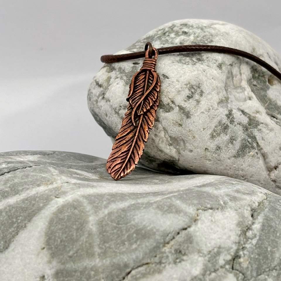 Feather antique copper pendant necklace