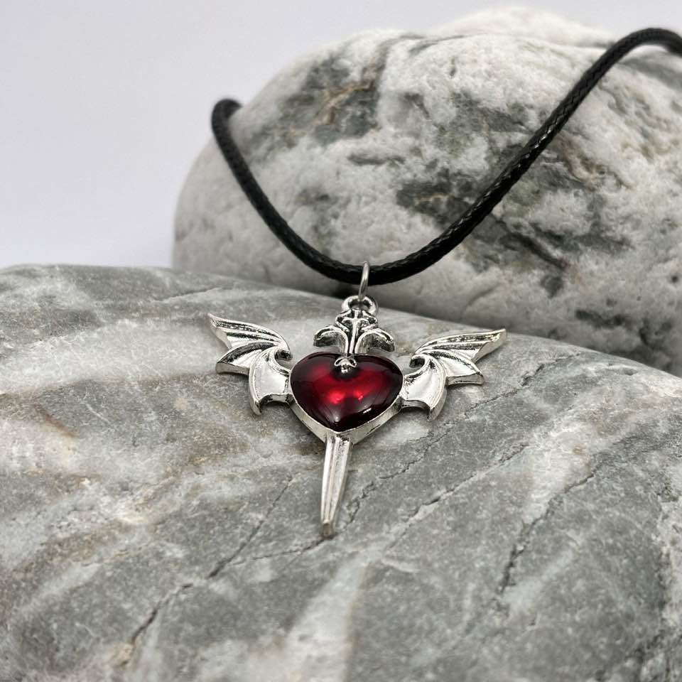 Gothic red heart and wing pendant necklace