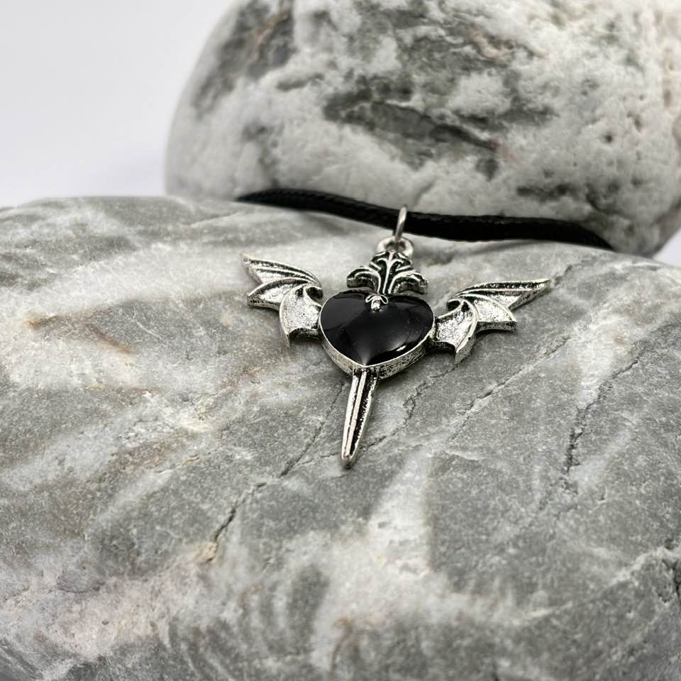 Gothic black heart and wing pendant necklace