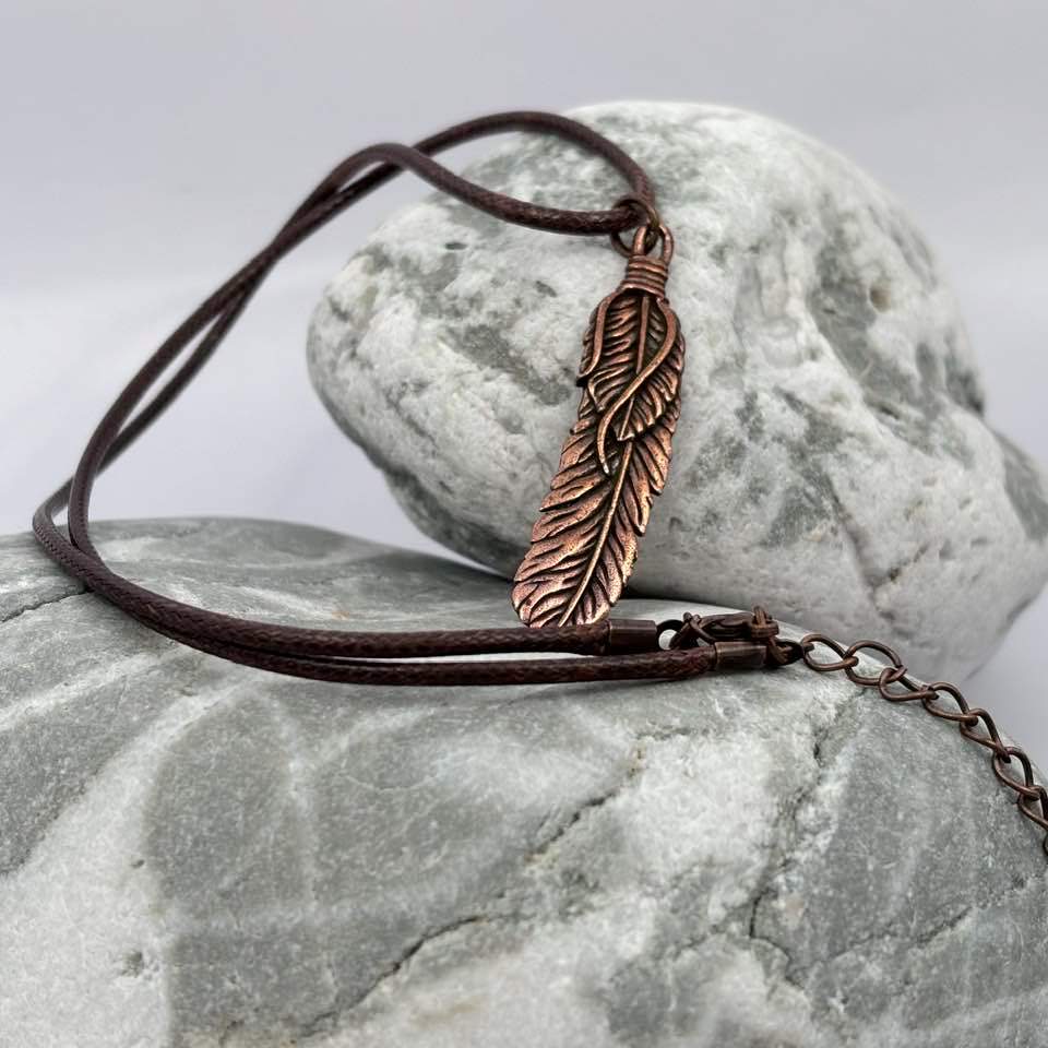 Feather antique copper pendant necklace
