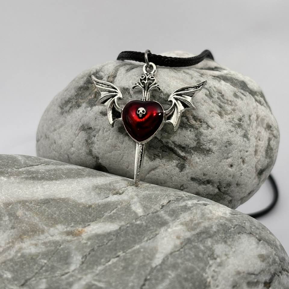 Gothic red heart and wing pendant necklace