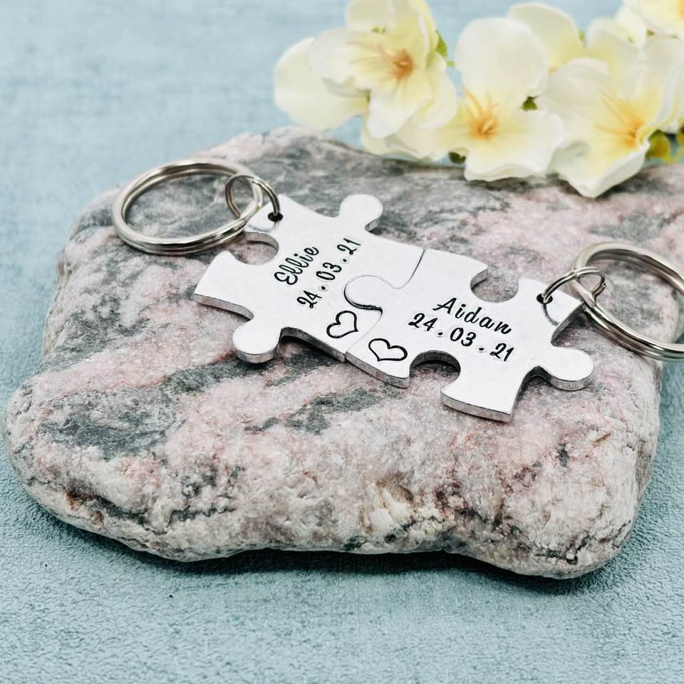 Special Date and Name Puzzle Couple's Keyring Set