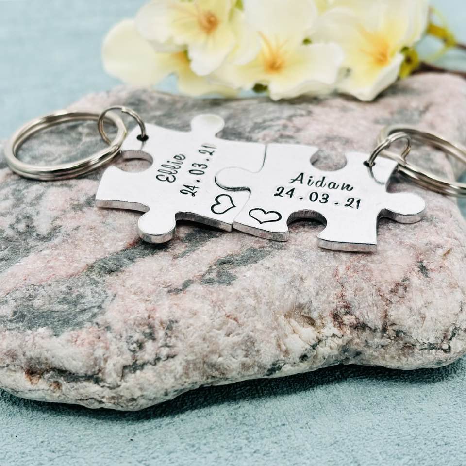 Special Date and Name Puzzle Couple's Keyring Set