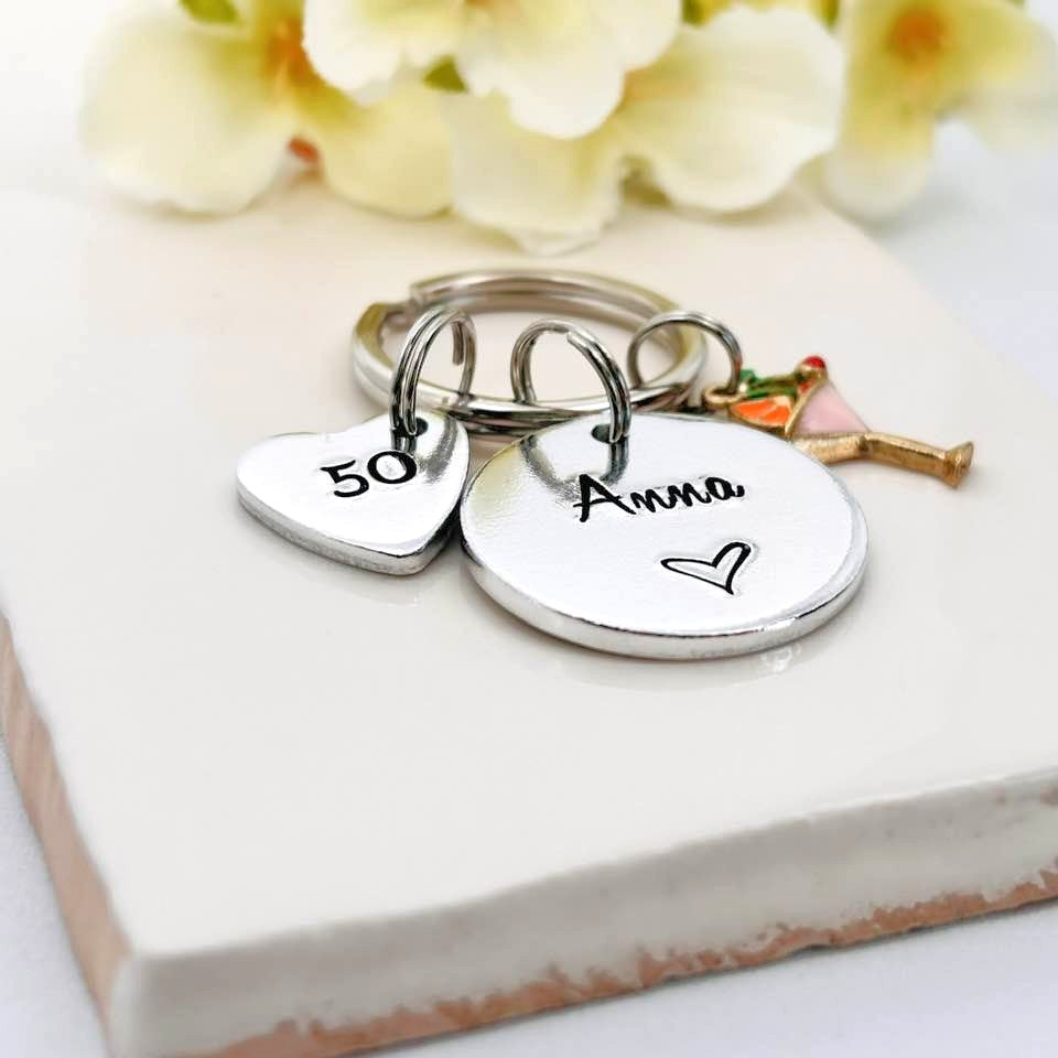 Womens 50th Birthday Gift, 50th Personalised Birthday Keyring for Her, Name Keyring
