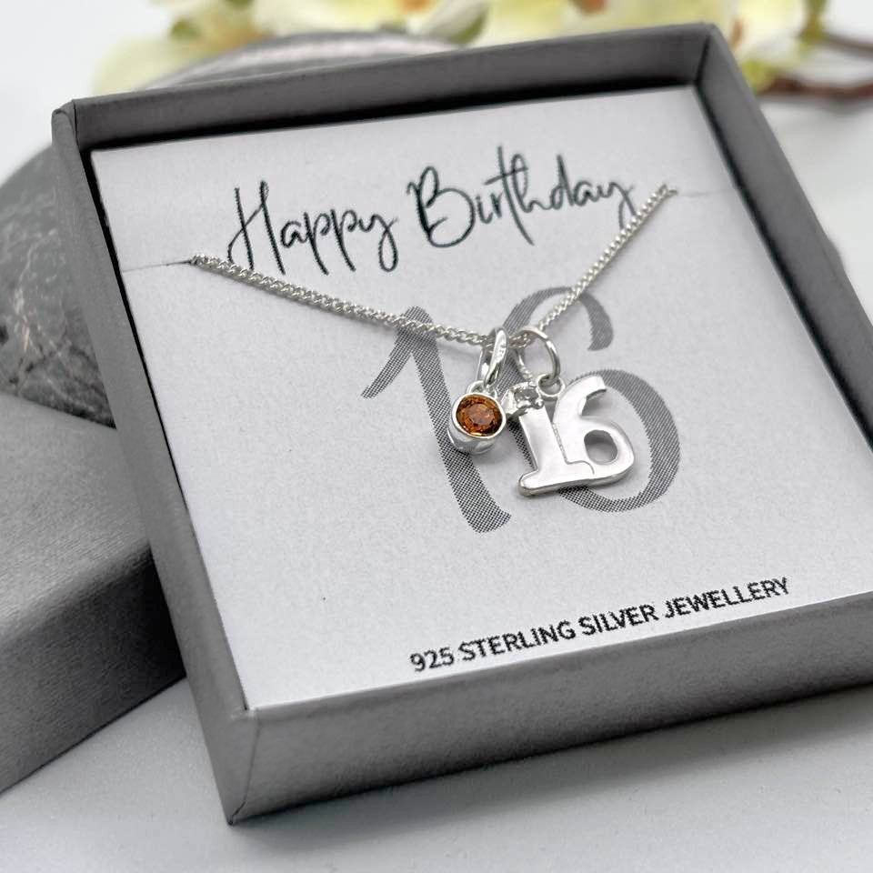 Sterling Silver 16th Birthday Necklace with Birthstone