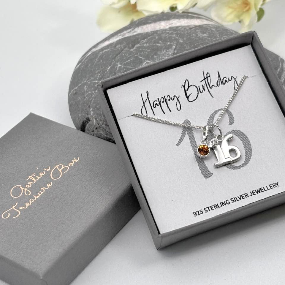 Sterling Silver 16th Birthday Necklace with Birthstone