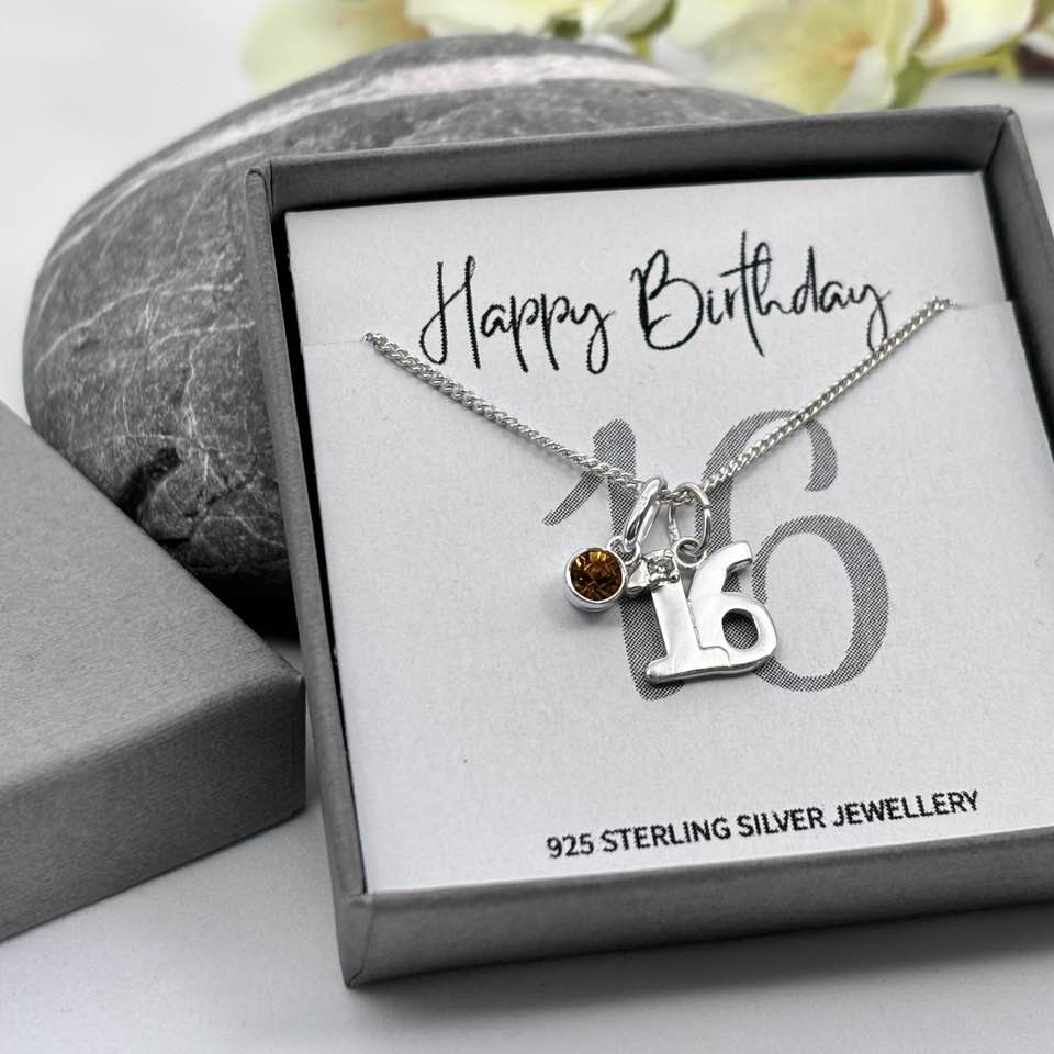 Sterling Silver 16th Birthday Necklace with Birthstone