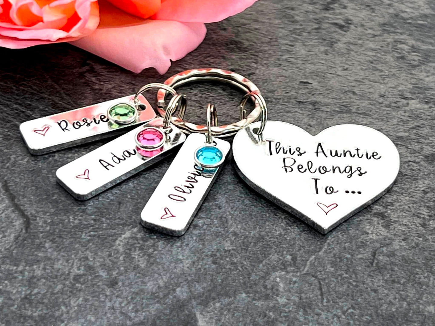 'This Auntie belongs to' Keyring with Birthstones