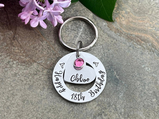 Girls 18th Birthday Gift, Eighteenth Birthday Keyring, Personalised Keyring with Birthstone