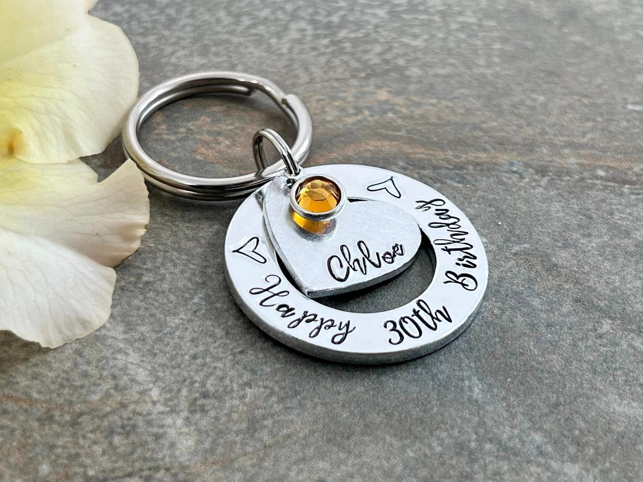 Womens 30th 40th 50th Birthday Gift, 30th Personalised Birthday Keyring with Birthstone