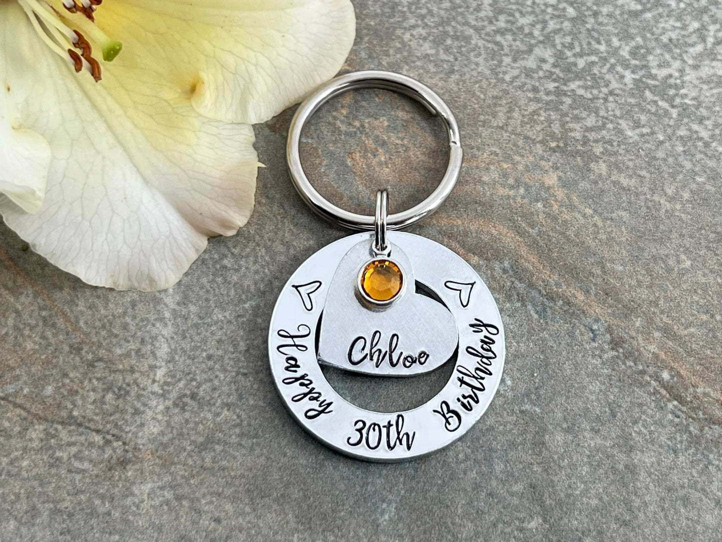 Womens 30th 40th 50th Birthday Gift, 30th Personalised Birthday Keyring with Birthstone