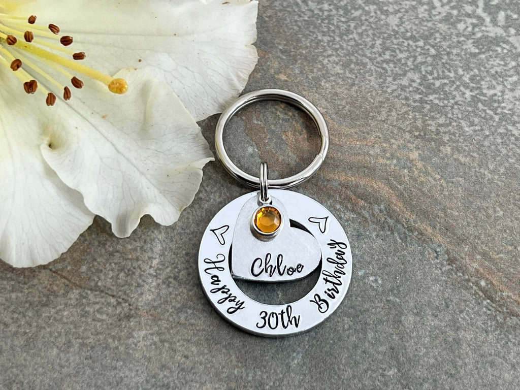 Womens 30th 40th 50th Birthday Gift, 30th Personalised Birthday Keyring with Birthstone