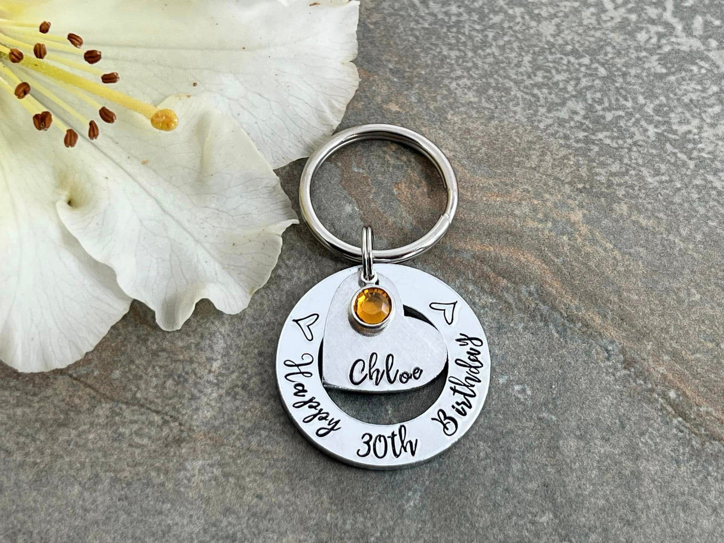 Womens 30th 40th 50th Birthday Gift, 30th Personalised Birthday Keyring with Birthstone