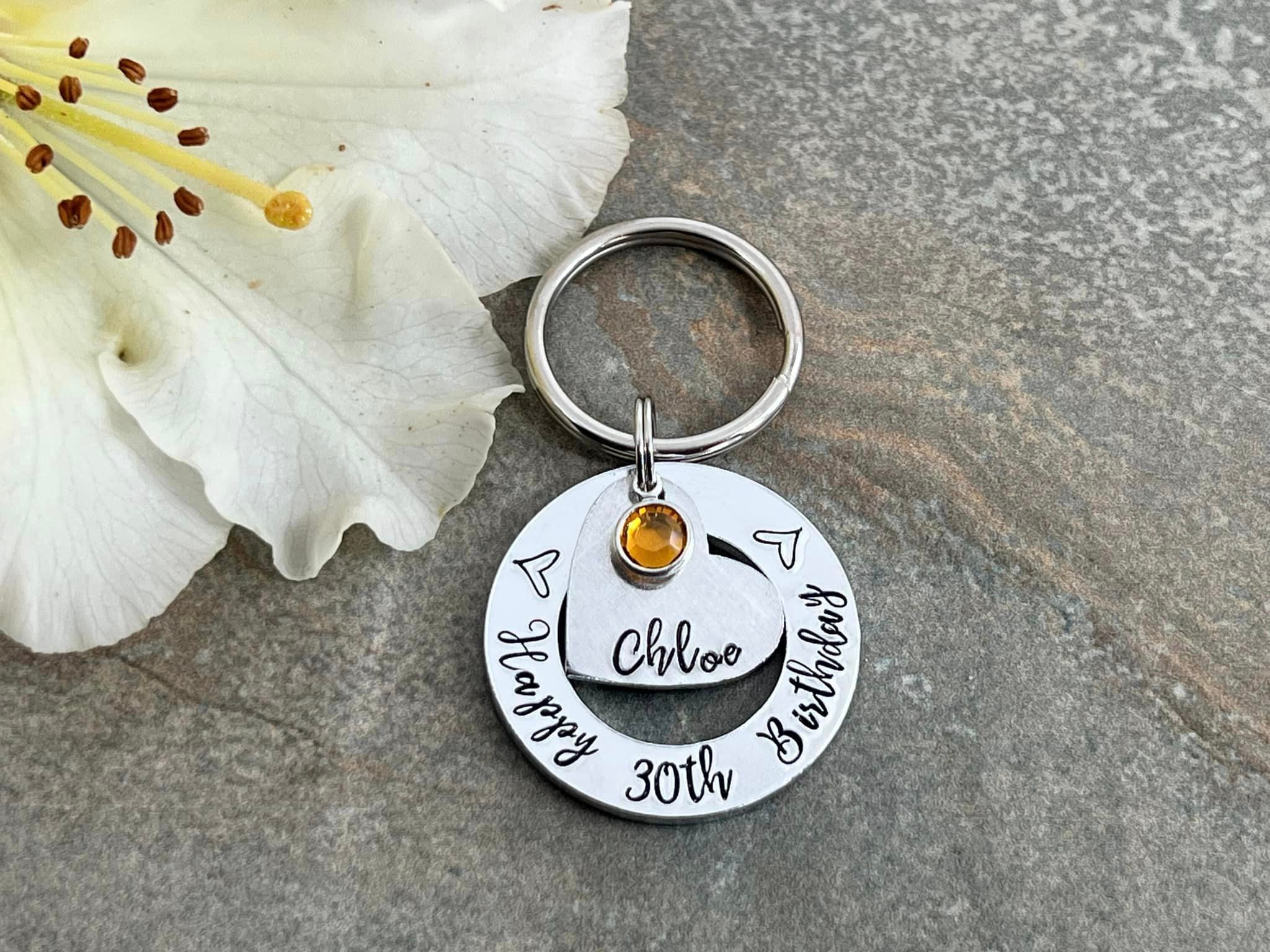 Womens 30th 40th 50th Birthday Gift, 30th Personalised Birthday Keyring with Birthstone