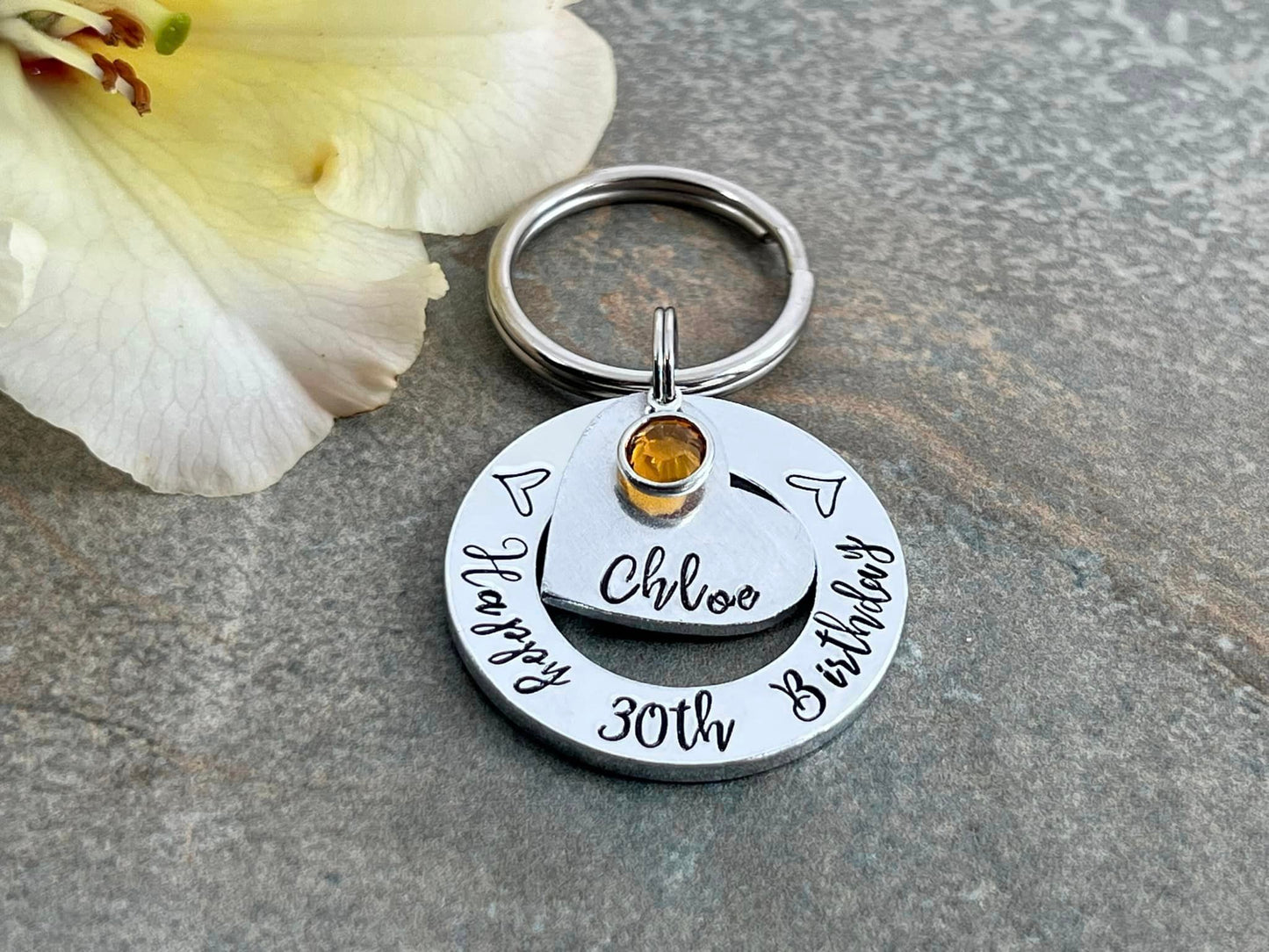 Womens 30th 40th 50th Birthday Gift, 30th Personalised Birthday Keyring with Birthstone