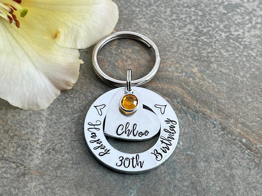 Womens 30th 40th 50th Birthday Gift, 30th Personalised Birthday Keyring with Birthstone