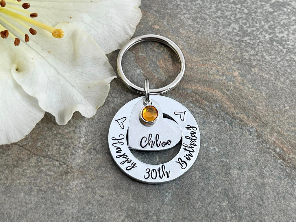 Womens 30th 40th 50th Birthday Gift, 30th Personalised Birthday Keyring with Birthstone