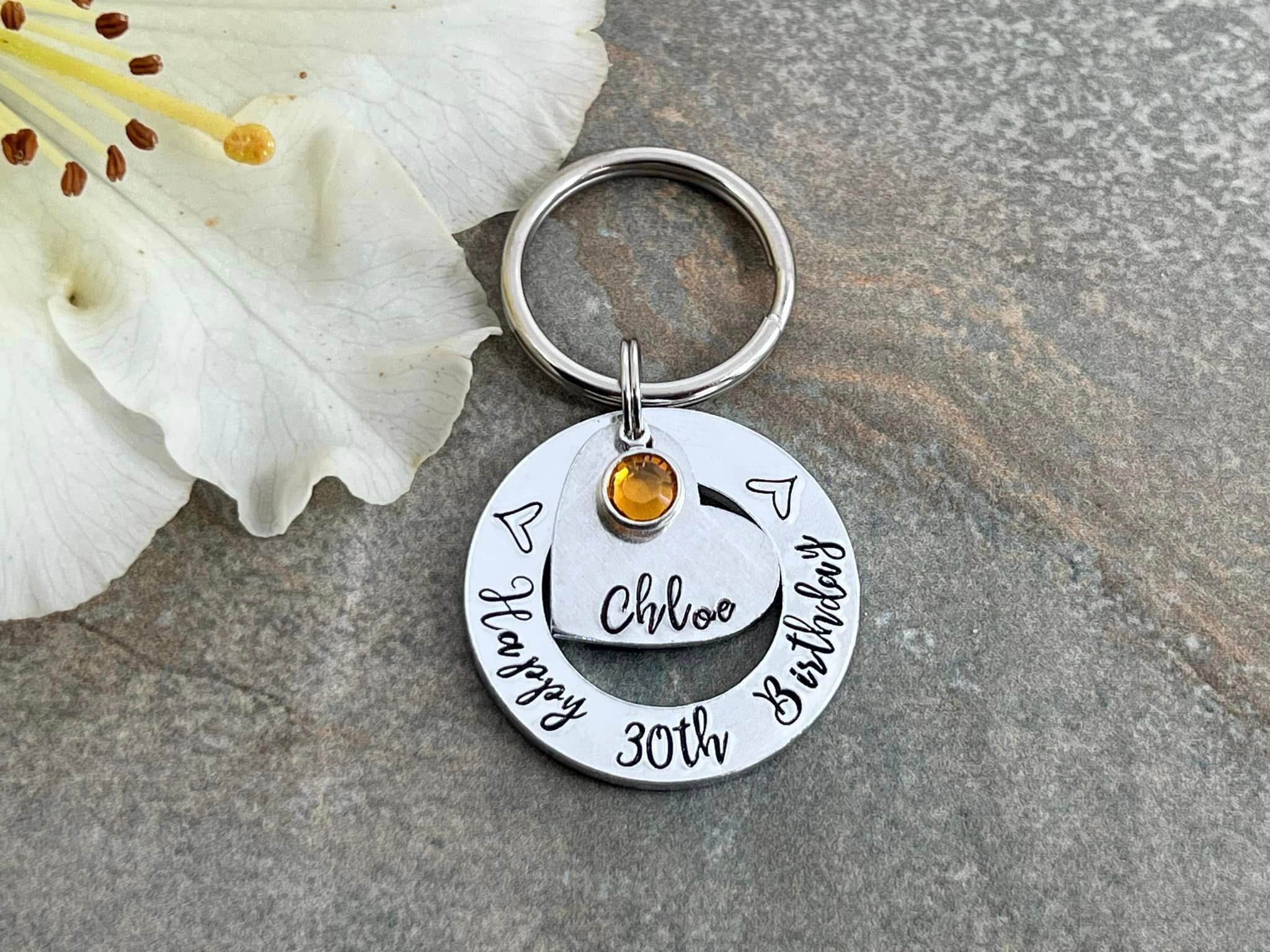 Womens 30th 40th 50th Birthday Gift, 30th Personalised Birthday Keyring with Birthstone