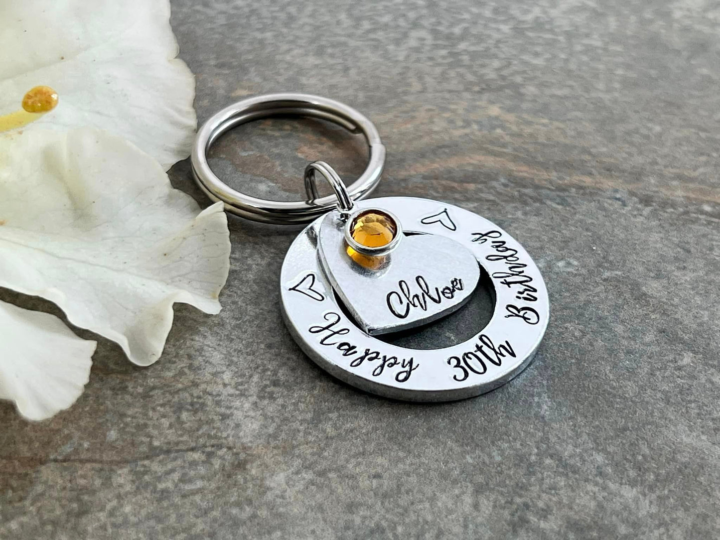 Womens 30th 40th 50th Birthday Gift, 30th Personalised Birthday Keyring with Birthstone