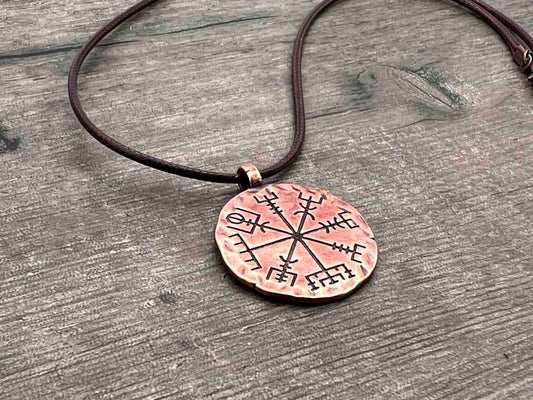 Icelandic Vegvísir wayfinder compass copper pendant necklace