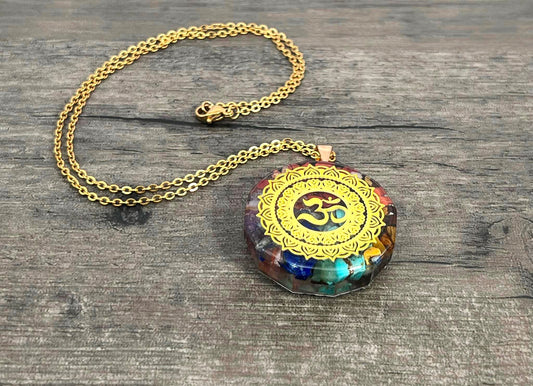 Om Necklace, Gold Om Resin Pendant Necklace