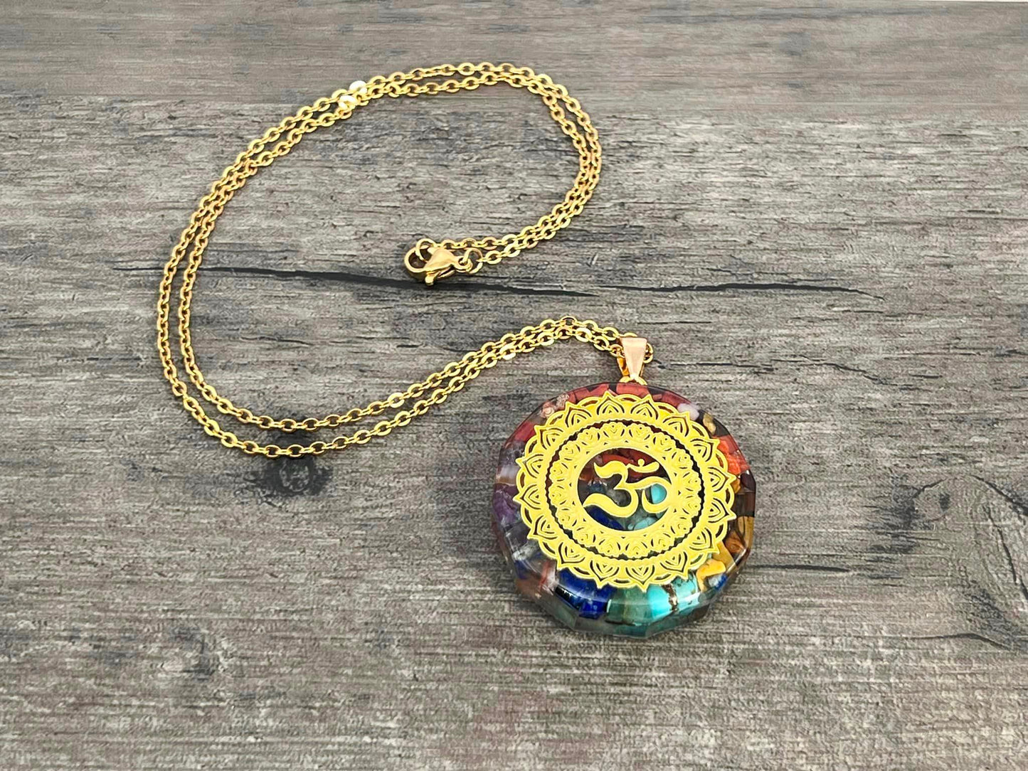 Om Necklace, Gold Om Resin Pendant Necklace